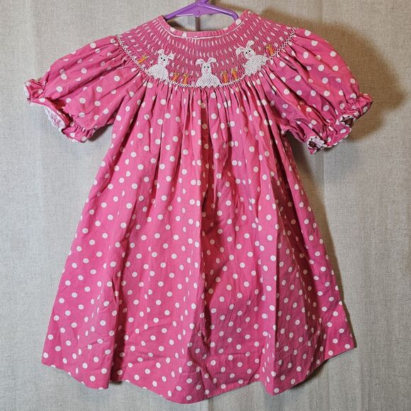 Dibble Dabble Baby Toddler Girl 24m Smocked Bunny Easter Pink White Polka Dot - Picture 2 of 8